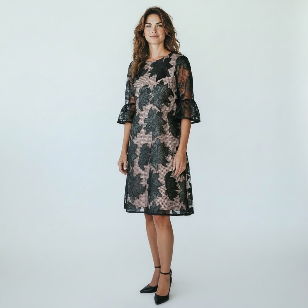 Hunter Bell New York Black Mesh Leaf Applique Shift Dress Nude Lining Womens 4